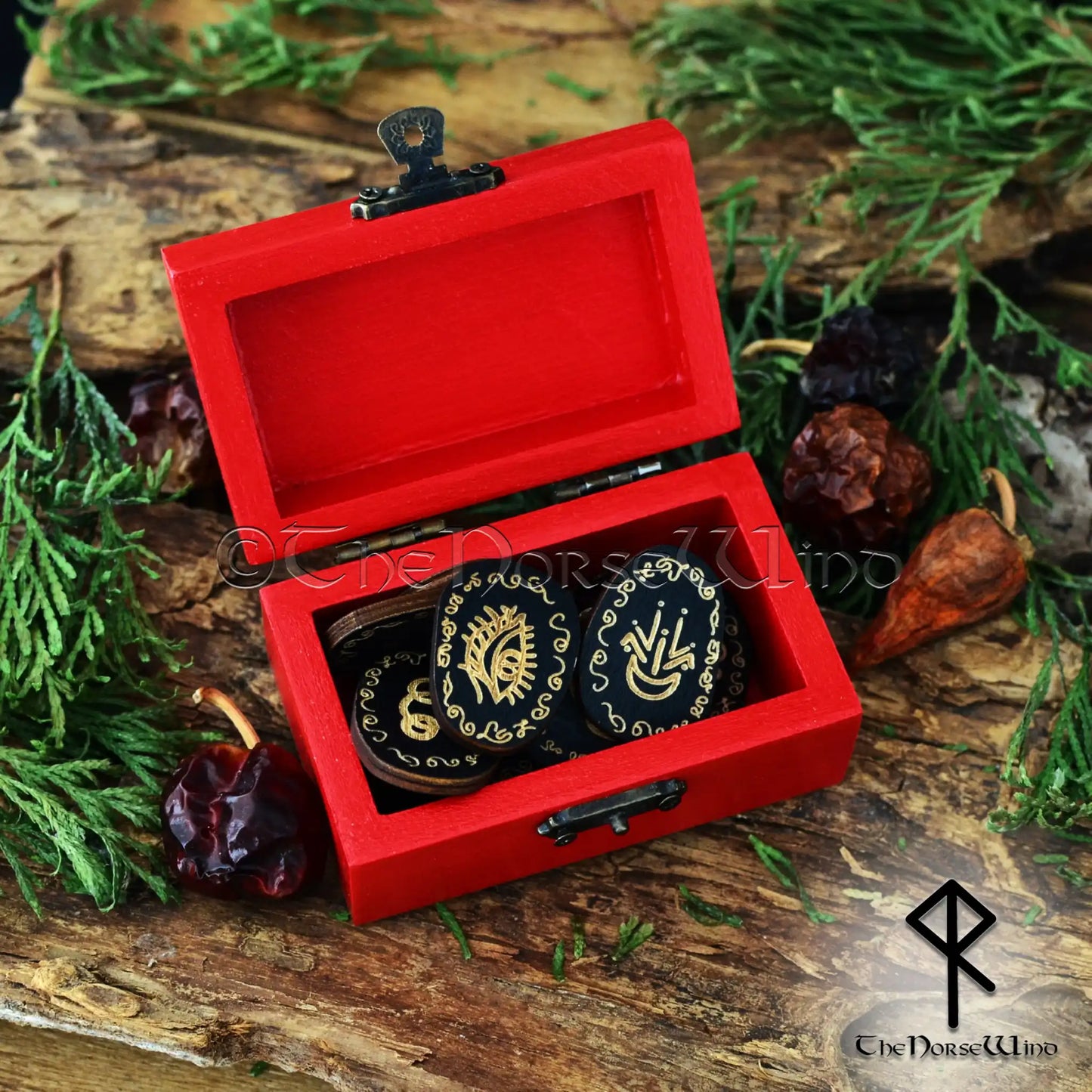 Witches Runes Set in Triple Moon Pentacle Box