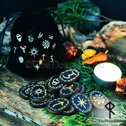 Handcrafted Witches Runes Set - Engraved Black Wooden Runes & Velvet Pouch