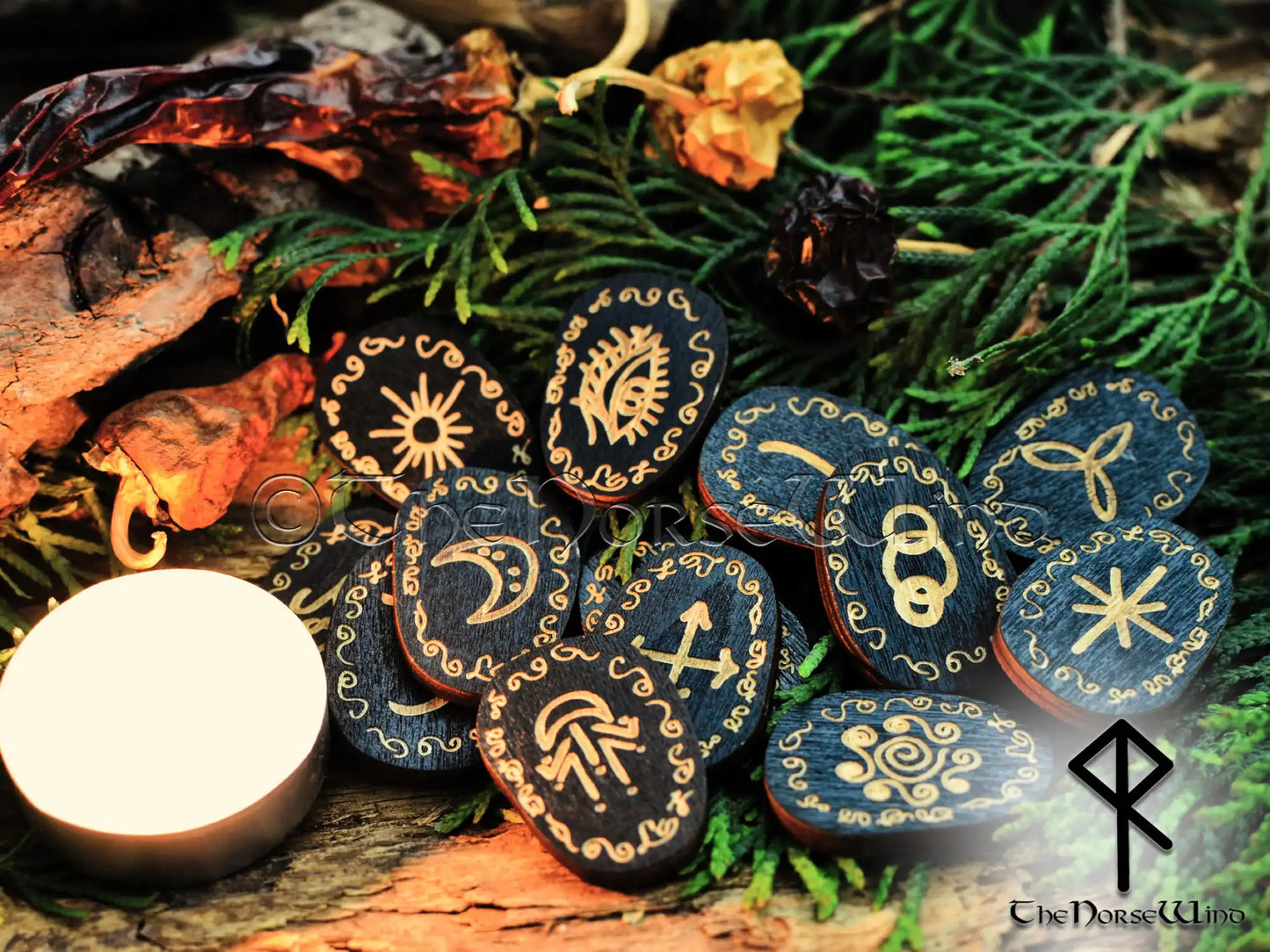 Handcrafted Witches Runes Set - Engraved Black Wooden Runes & Velvet Pouch