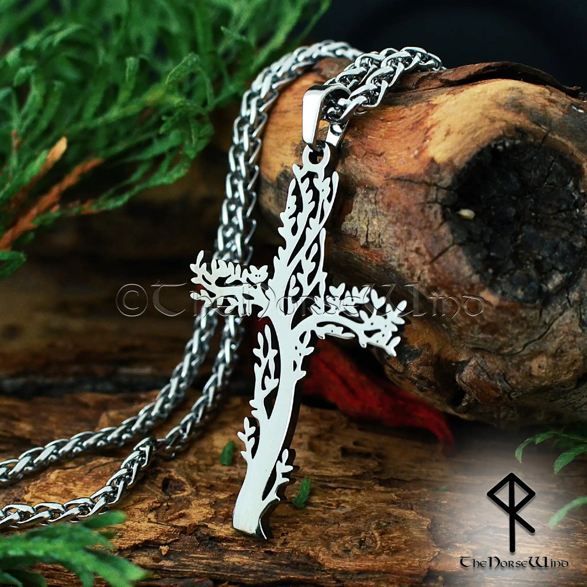 Norse Tree Cross Necklace, Stainless Steel Yggdrasil Viking Pendant