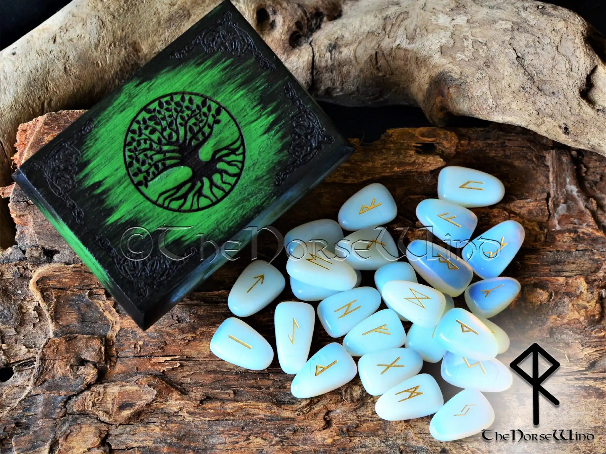 Wind Rune Stone Futhark Rune Stones Set in Yggdrasil Wooden Box | The Norse Wind