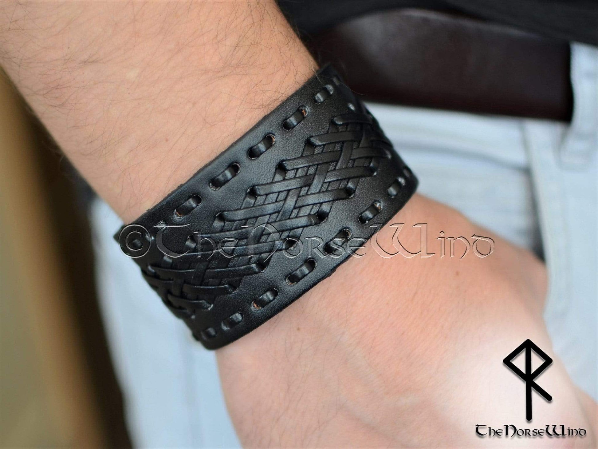 Black Leather Bracelet | Men's Viking Gothic Wristband - TheNorseWind