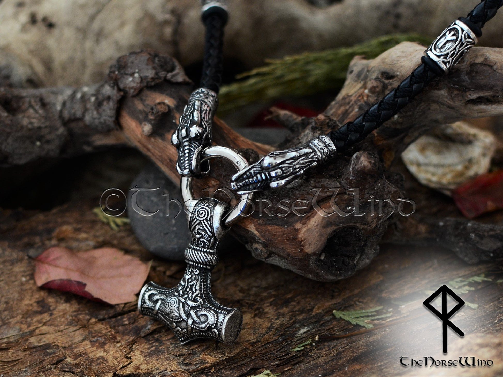 Personalized Thor's Hammer Mjolnir Necklace, Solid Viking Rune Dragon Heads Pendant TheNorseWind
