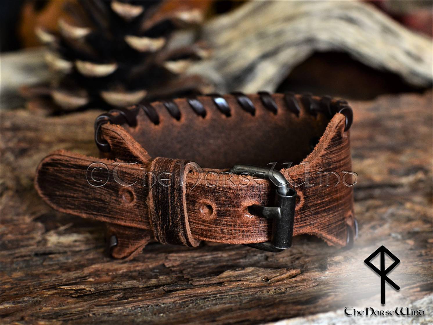 Valknut Viking Leather Bracelet, Silver Odin's Wristband - TheNorseWind