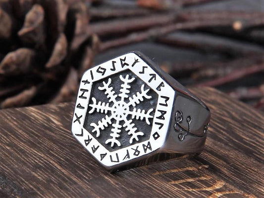 Viking Aegishjalmur Ring, Silver Helm of Awe Men's Runic Ring - TheNorseWind