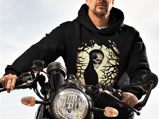 Biker's Skull Hoodie, Skeleton in the Woods Men's Sweatshirt, Motorcycle Sweat
