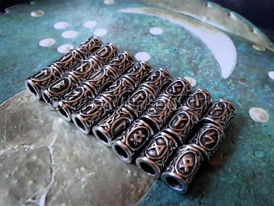 Viking Beard Beads | Futhark Runes Hair Rings, Silver - TheNorseWind Wunjo