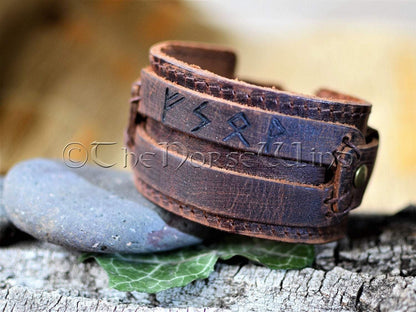 Personalized Viking Leather Bracelet, Name in Runes Norse Wristband - Brown/Black TheNorseWind