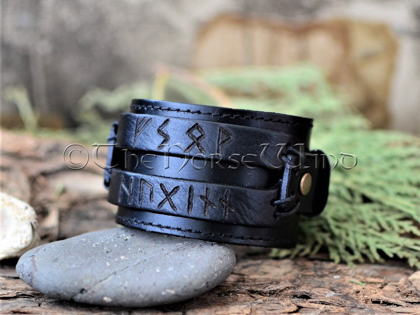 Viking Leather Bracelet, Name in Runes Norse Wristband - Brown/Black TheNorseWind