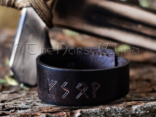 Custom Leather Wristband NAME in RUNES, Viking Bracelet, Coffee Brown TheNorseWind