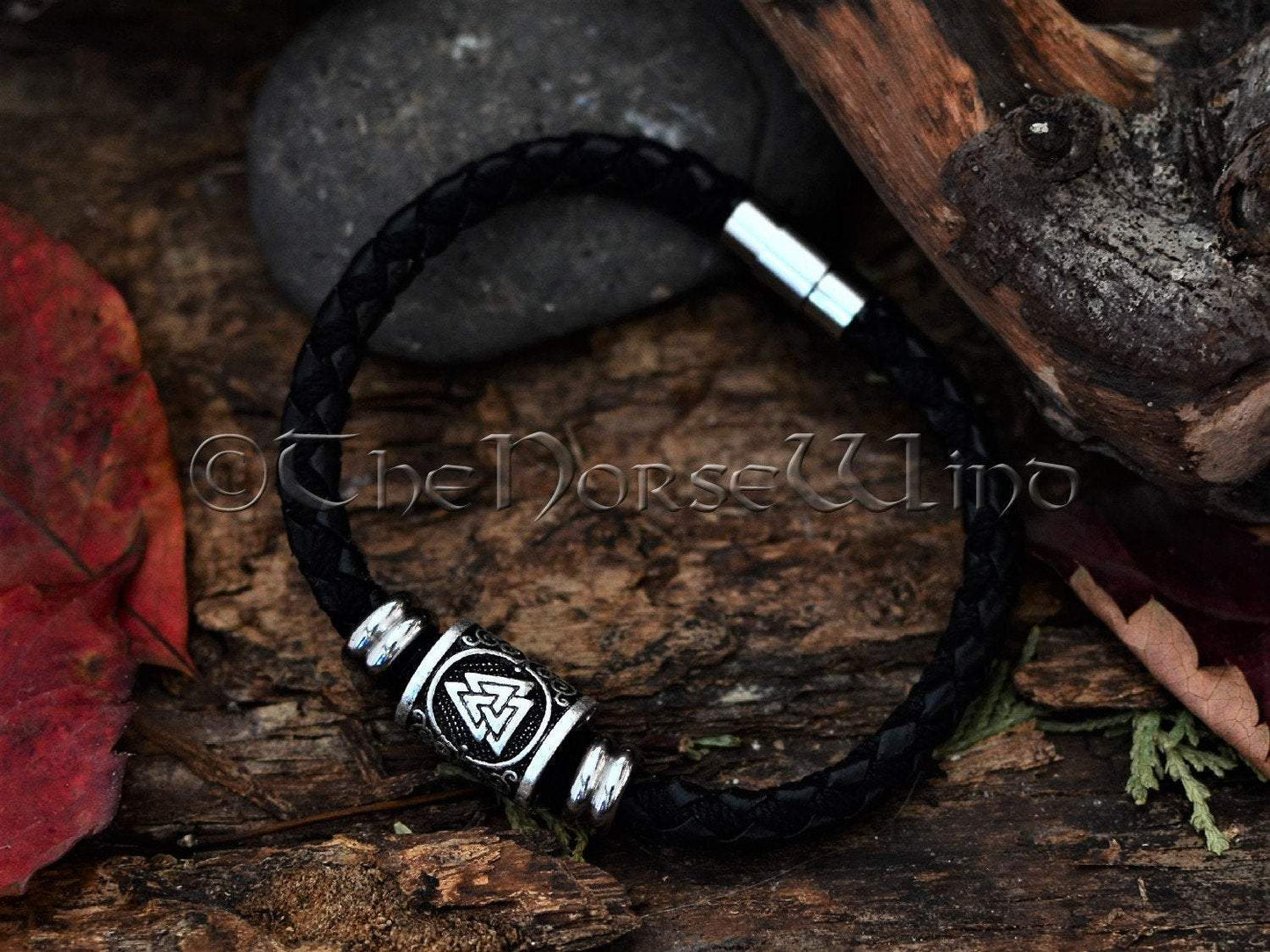 Valknut Leather Bracelet, Viking Runes Odin Wristband TheNorseWind