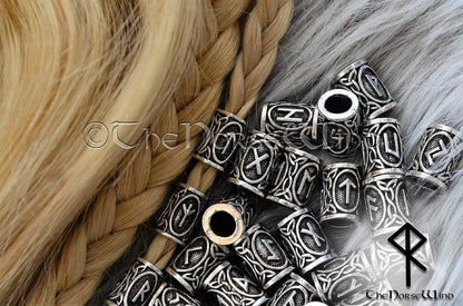 Viking Beard Beads Futhark Runes - Silver 6mm Hole TheNorseWind