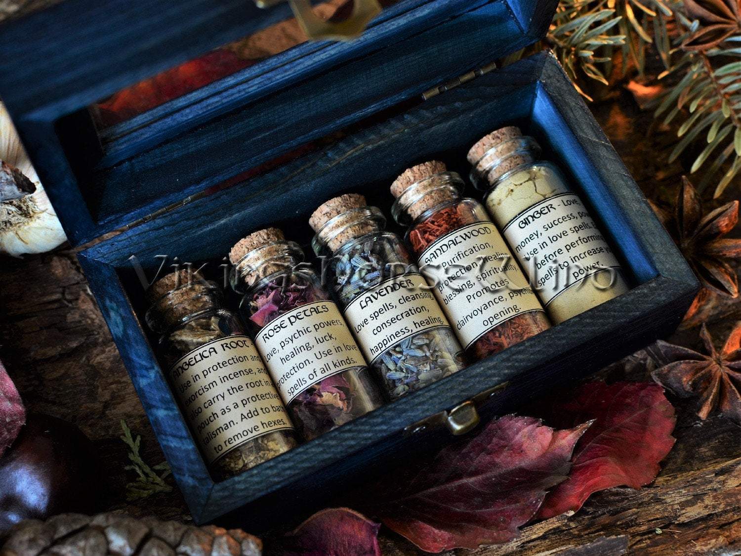 Witchcraft KIT 5 Apothecary Jars, Witch Spell Box Herbs Bottles, Witch Starter Kit, Wicca Box Magical Herbs Witches Herbal Set, Wiccan Altar TheNorseWind