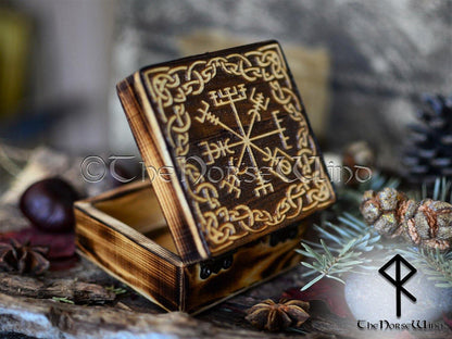 Viking Compass Vegvisir Box, Carved Wooden Chest TheNorseWind