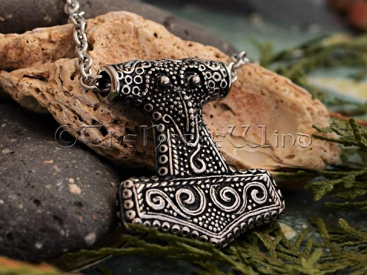 Thor's Hammer Necklace, Viking Raven Head Mjolnir Silver Pendant TheNorseWind