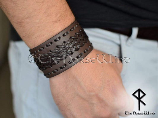 Brown Leather Bracelet, Viking Gothic Braided Leather Wristband TheNorseWind