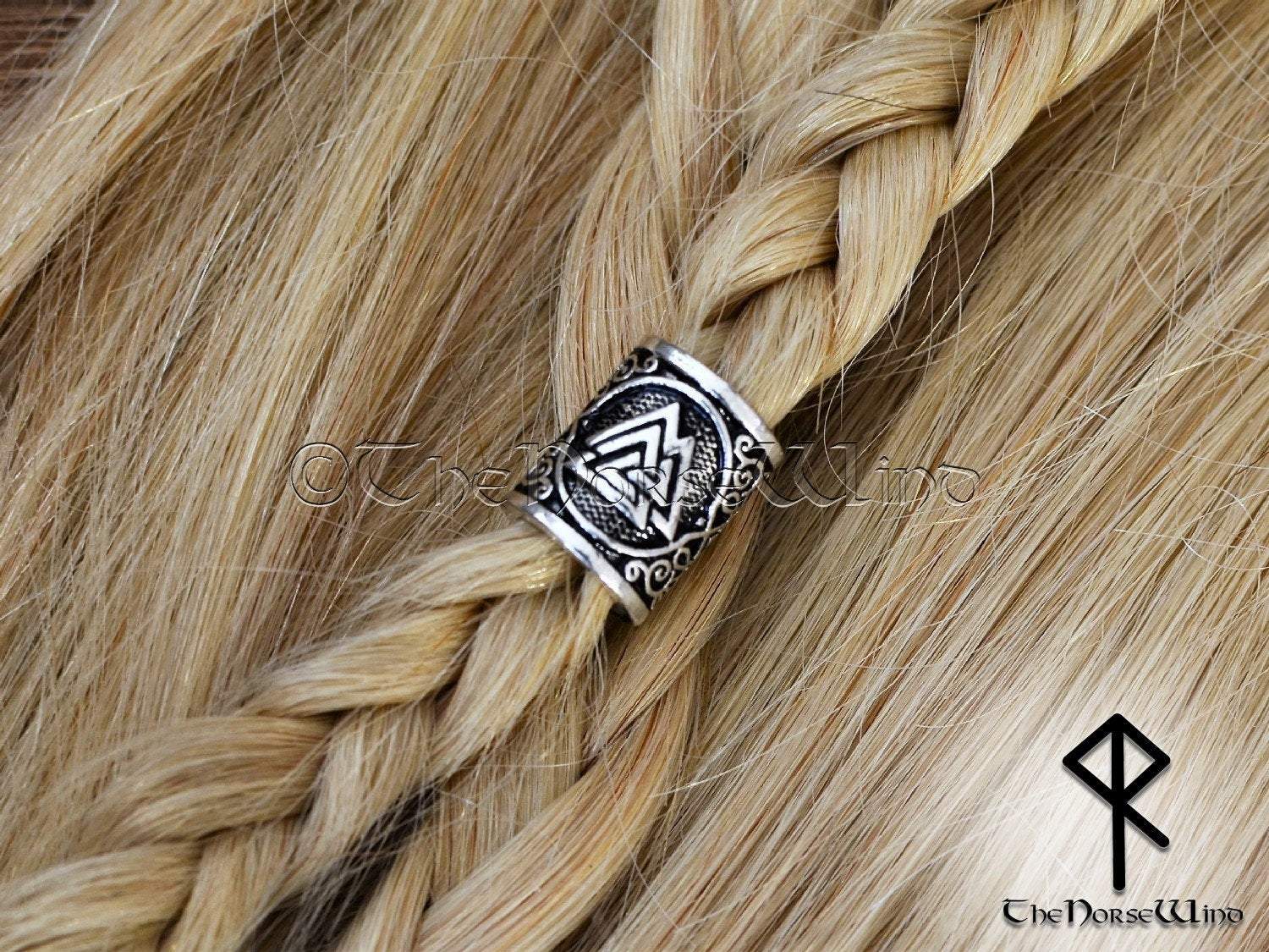 Valknut Beard Bead, Silver Viking Hair Ring - Main Image