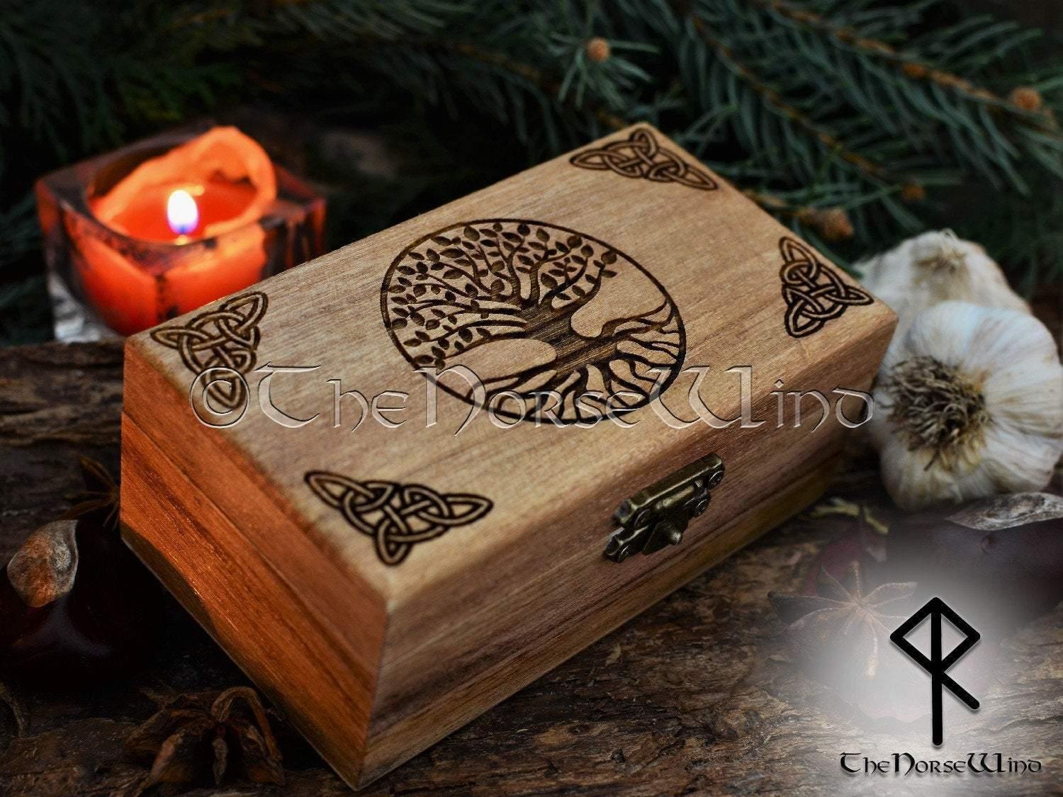 Viking ship wooden box with drakkar dragon retail head norse wolf Odin's crows ravens mythology box keepsake runes tarot box pagan storage memory