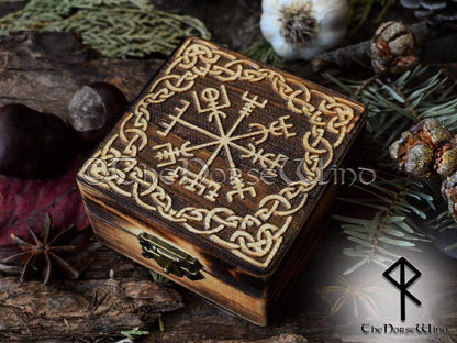 Viking Compass Vegvisir Box, Carved Wooden Chest TheNorseWind