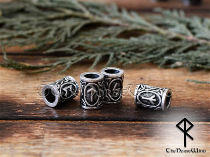 Viking Beard Beads Futhark Runes - Silver 6mm Hole TheNorseWind