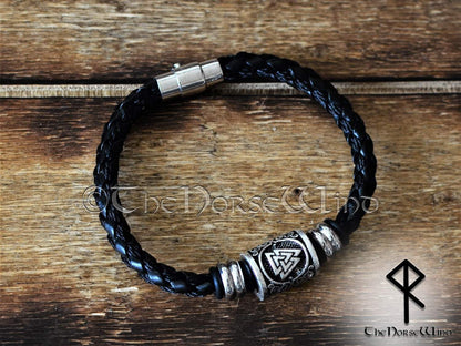 Valknut Leather Bracelet, Viking Runes Odin Wristband TheNorseWind