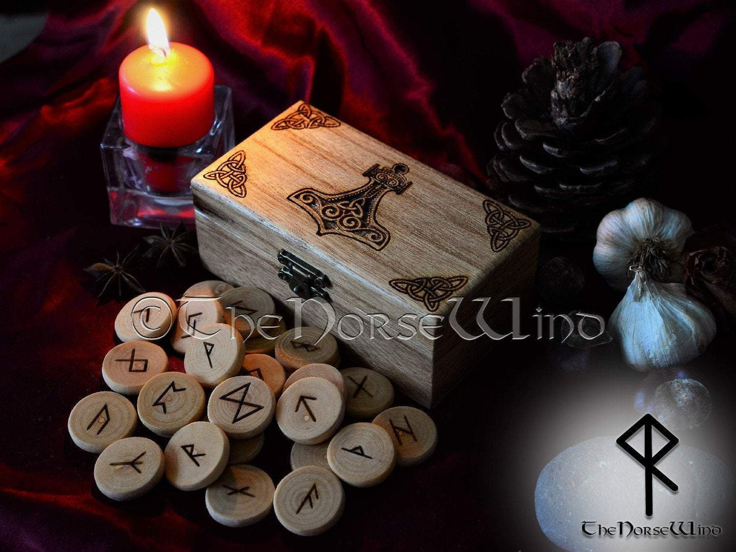 Rune Set Elder Futhark with Thor's Hammer Mjolnir Box Viking Runes Norse Runes Wooden Runes Norse Mythology Wicca Pagan Asatru TheNorseWind