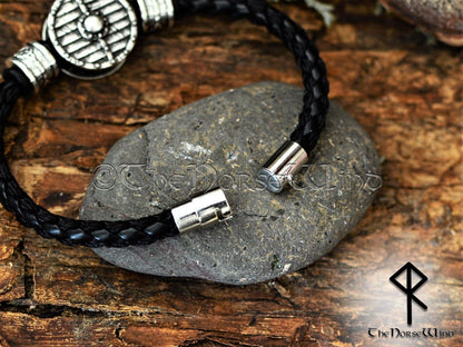 Viking Shield Bracelet Leather Wristband - Silver TheNorseWind