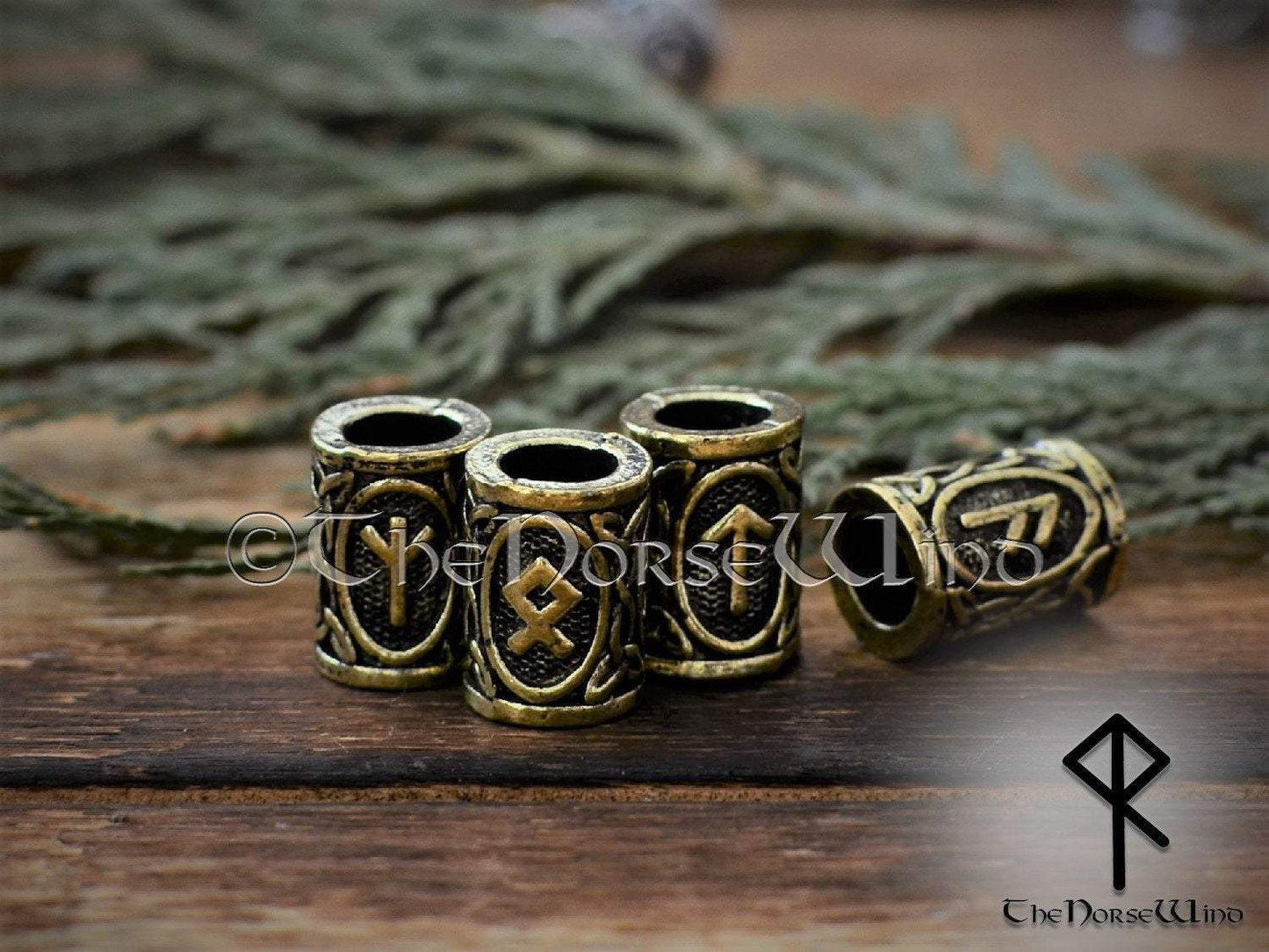 Viking Beard Beads Futhark Runes Hair Rings - Bronze 6mm Hole TheNorseWind