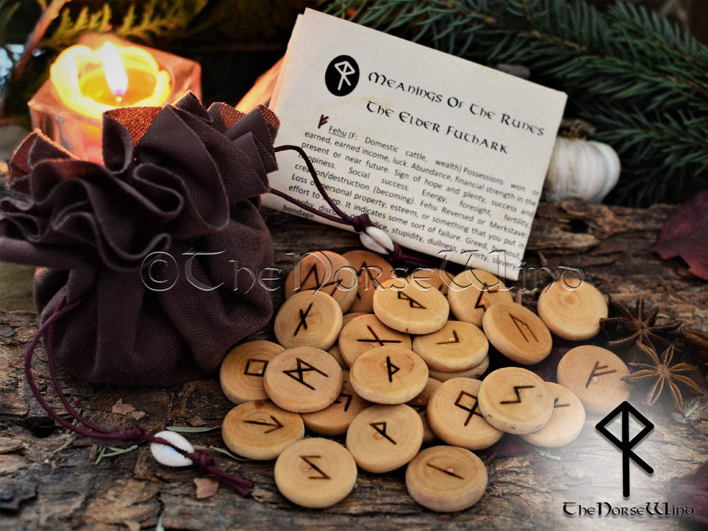 Rune Set Elder Futhark 25 Wooden Viking Runes with Velour Pouch TheNorseWind