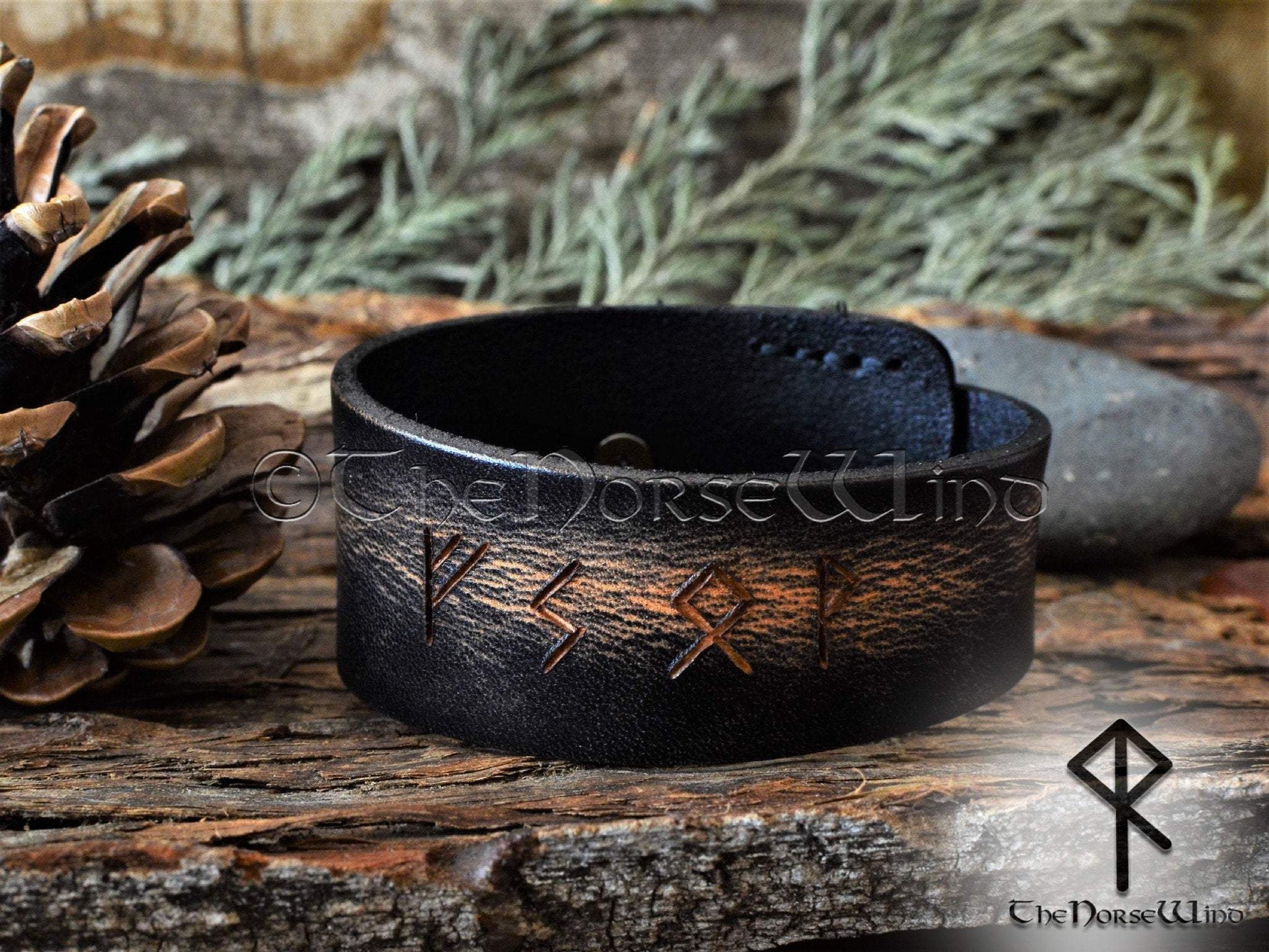 Leather Viking Hair Cuff runes, Blacksilver Color -  Norway
