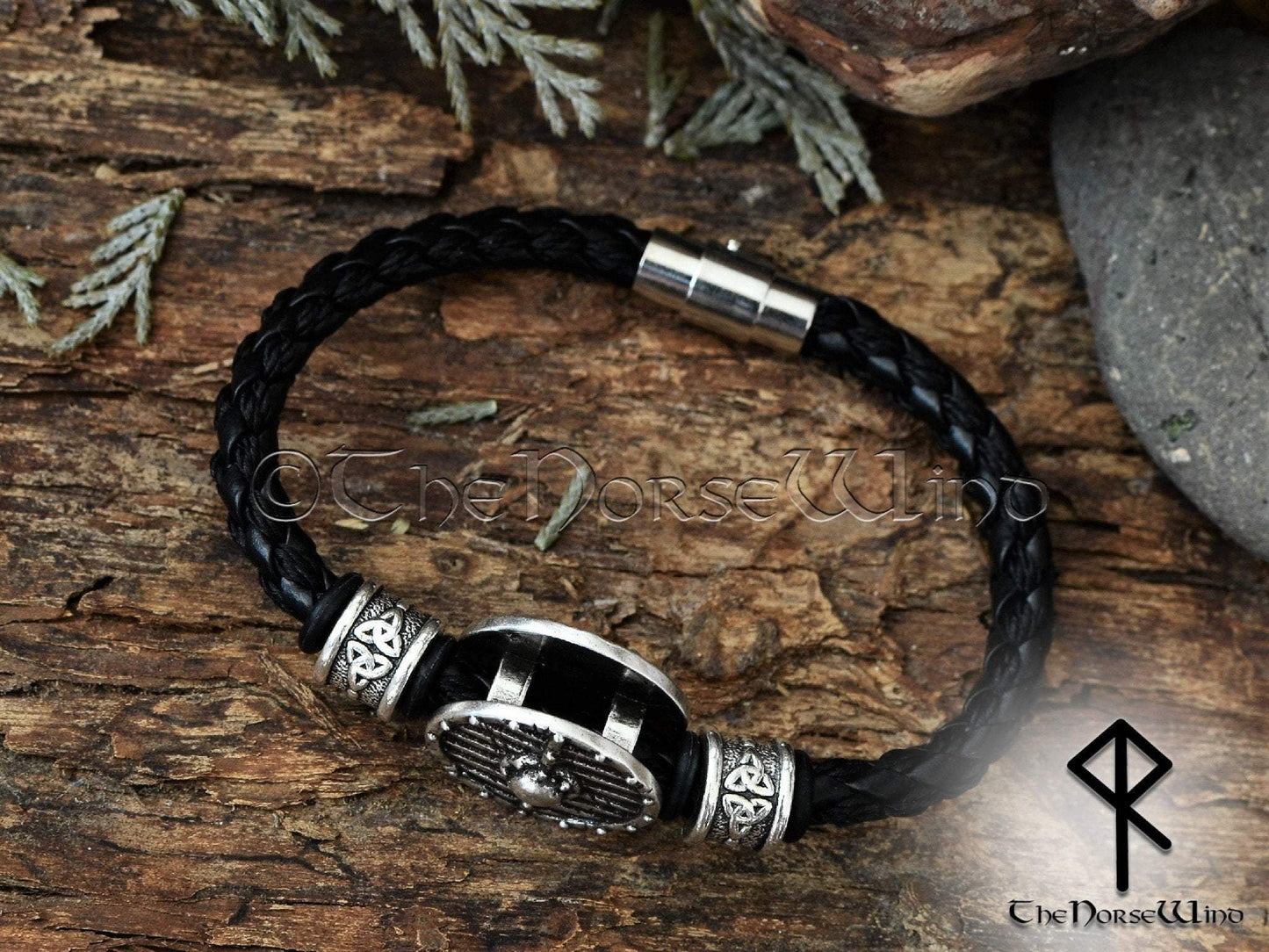 Viking Shield Bracelet Leather Wristband - Silver TheNorseWind