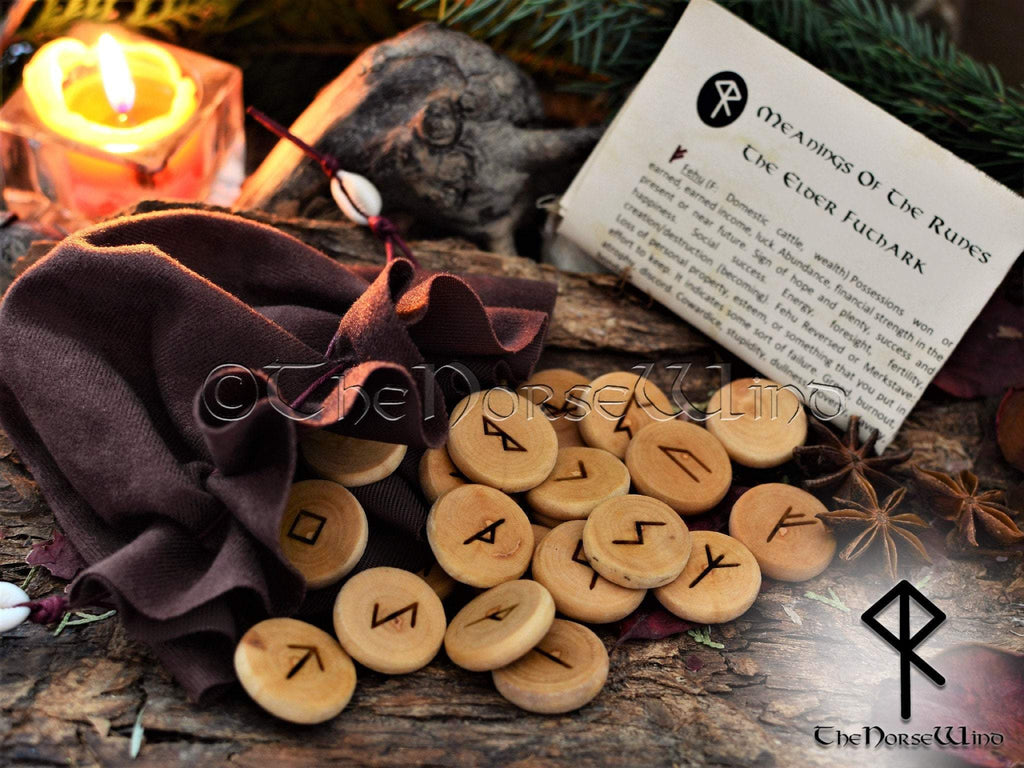 Rune Set Elder Futhark 25 Wooden Viking Runes with Velour Pouch TheNorseWind