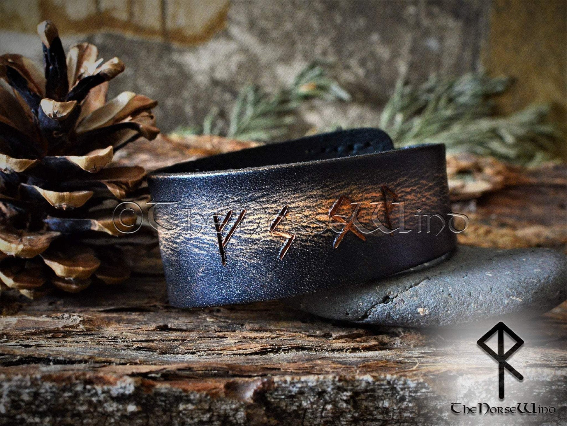 Custom Viking Bracelet - Name in Runes, Black Leather Runes Cuff TheNorseWind
