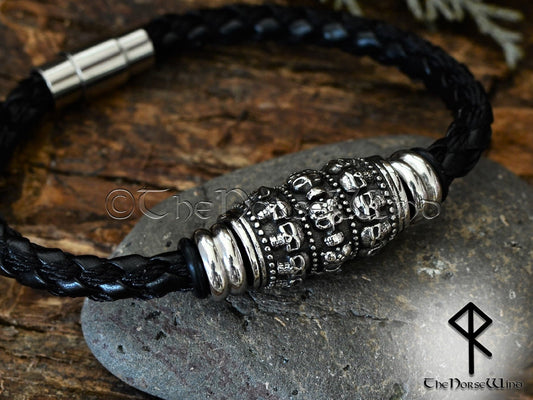 Skull Bracelet, Viking Leather Wristband Gothic Biker Cuff TheNorseWind