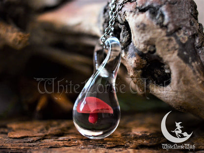 Glass Mushroom Necklace, Witches Necklace, Red Mushroom Terrarium Pendant, Wicca Charm TheNorseWind