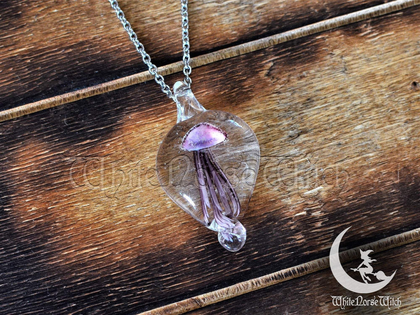 Glass Jellyfish Necklace, Purple Glowing Jellyfish Pendant TheNorseWind