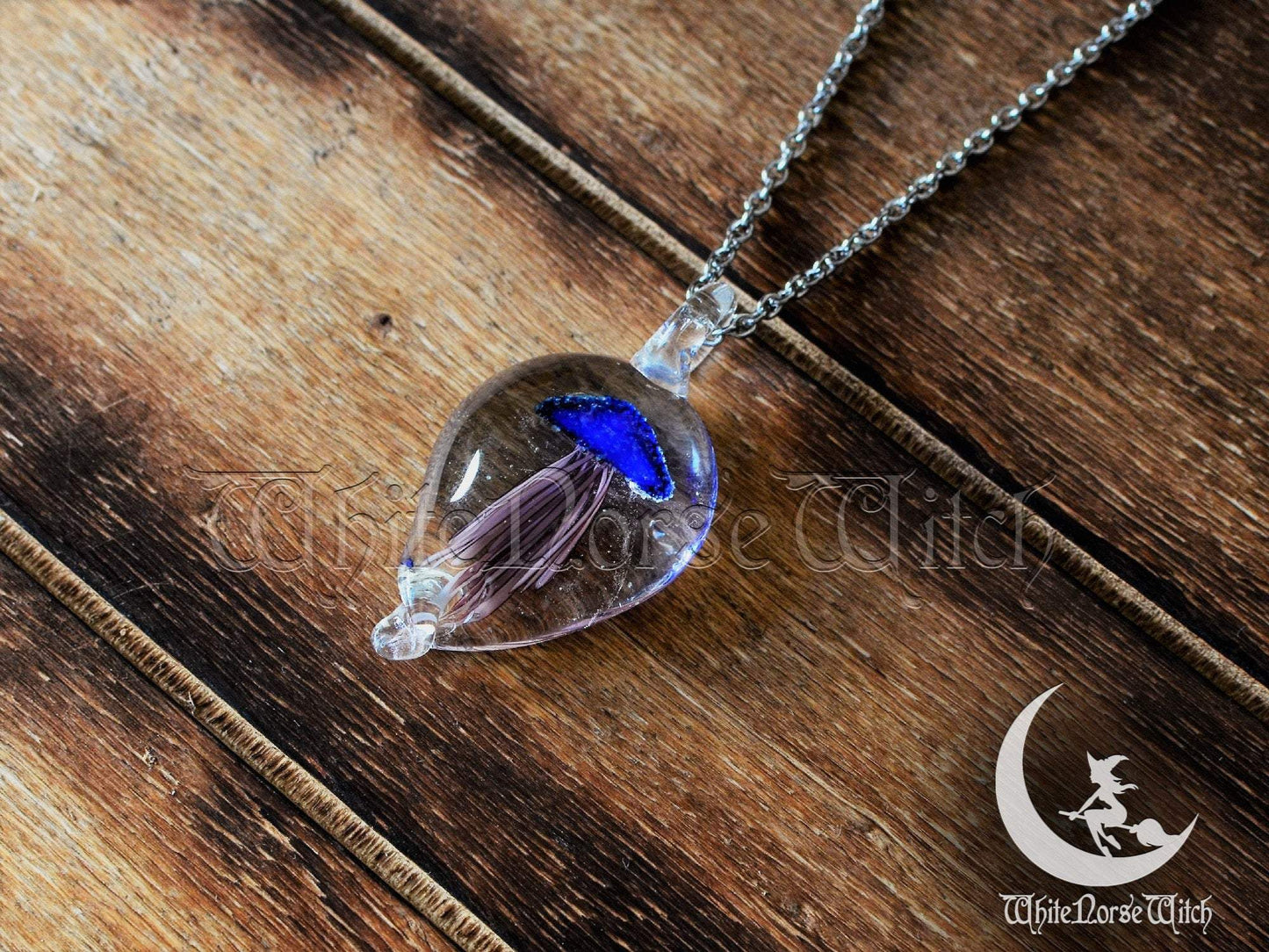 Glass Jellyfish Necklace, Blue Glowing Jelly fish Pendant, Magical Glow in the Dark Wish Charm, Jelly Fish Witchy Gift TheNorseWind
