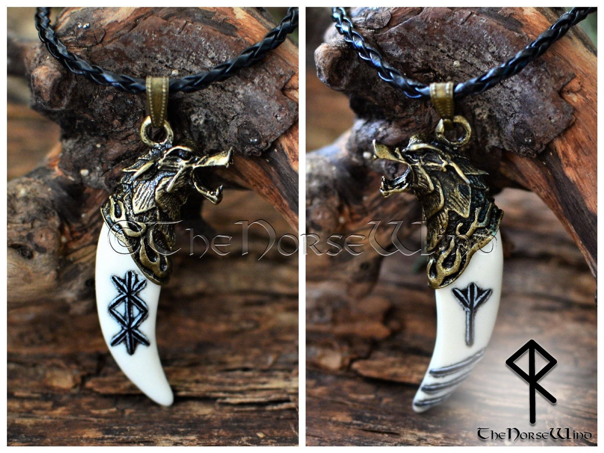 Viking Rune Necklace, Fenrir Wolf Head Carved Bone Pendant TheNorseWind