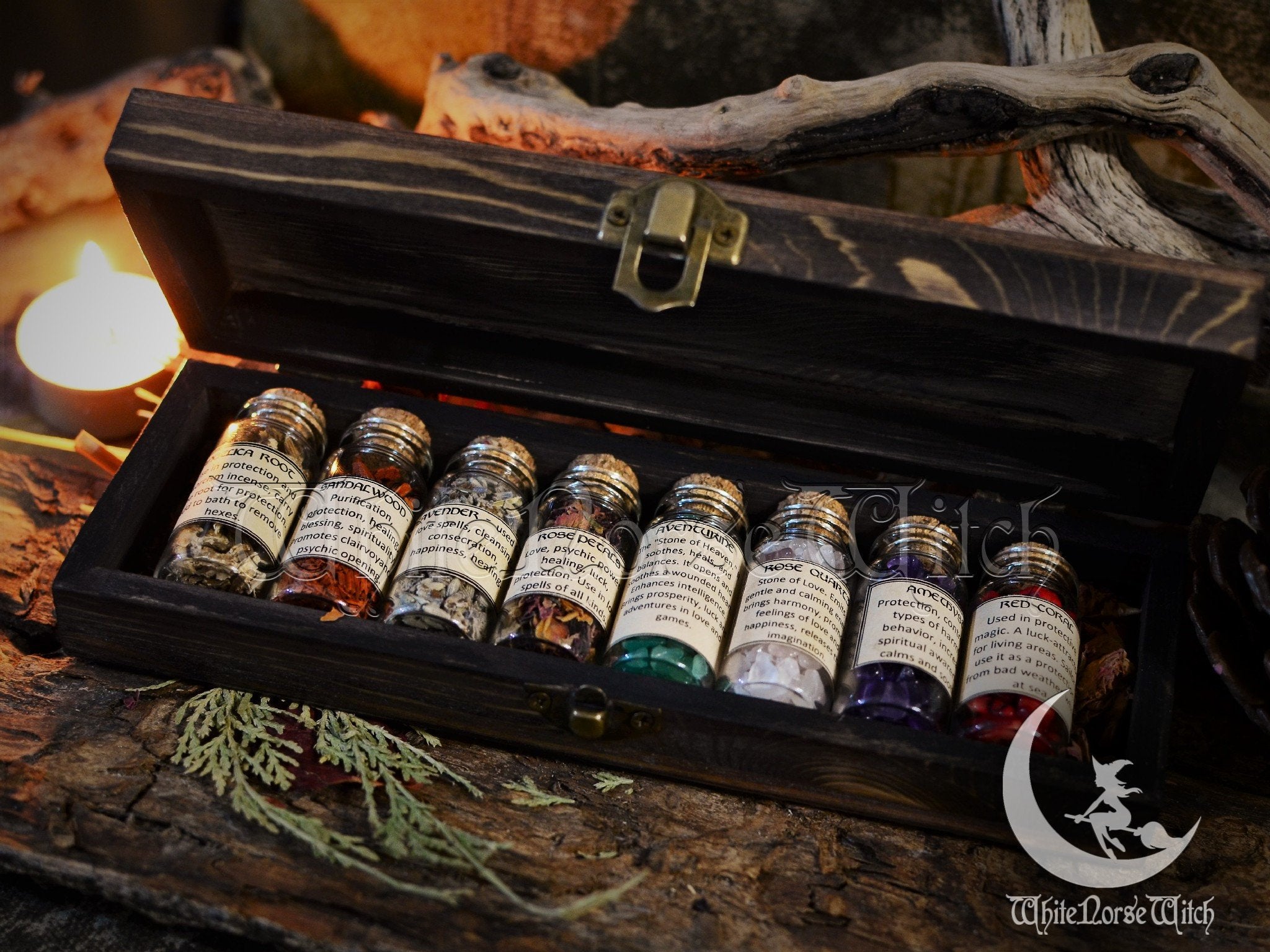 Wicca Witch Herb Kit Cauldron Altar Box Crystals Sage Smudge Stick Spell purchases Bottles