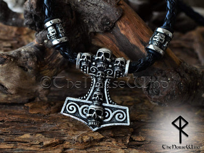 Thor's Hammer Viking Necklace Skull Mjolnir Pendant - Silver TheNorseWind