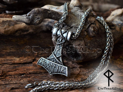 Viking Mjolnir Necklace, Personalized Thor's Hammer Runes Pendant TheNorseWind