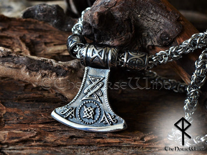 Thor Hammer Viking Axe Necklace - Steel Mjolnir Pendant TheNorseWind
