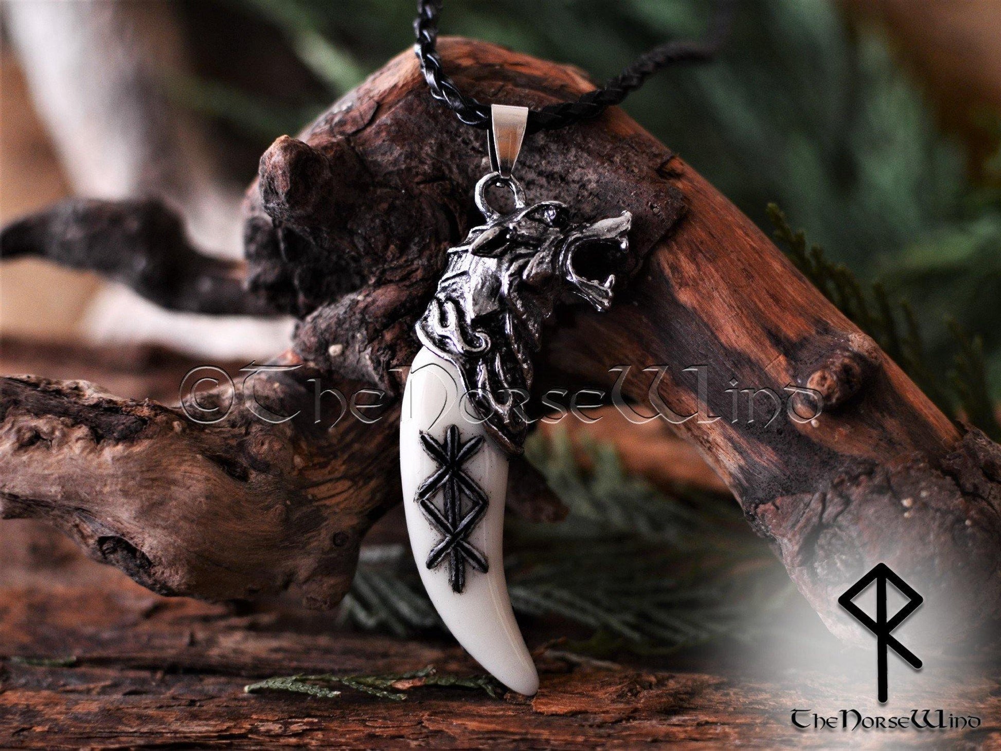 Viking Rune Necklace, Fenrir Wolf Head Carved Bone Pendant TheNorseWind