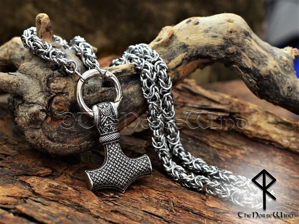 Thor's Hammer Necklace, Viking Mjolnir Pendant with Solid Byzantine Chain - TheNorseWind