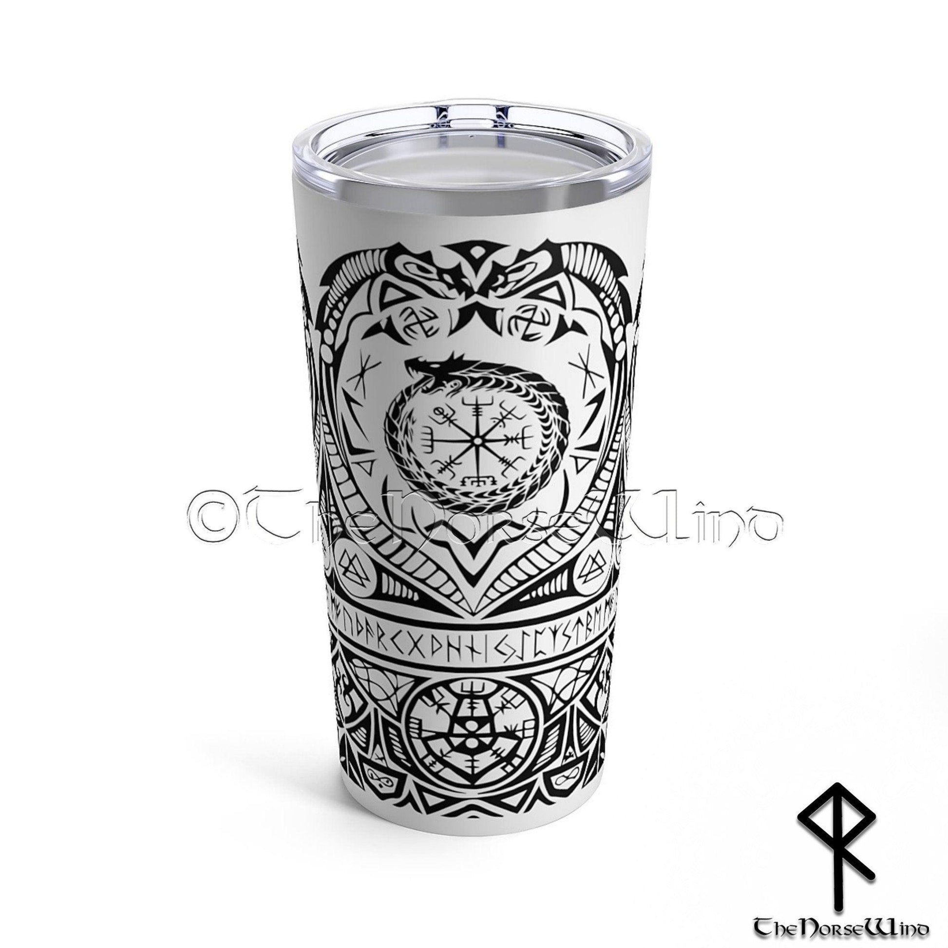 Viking Tumbler Jörmungandr Norse Drinking Mug 20oz Viking Compass Vegvisir Runes Tumbler Norse Mythology Cup - TheNorseWind