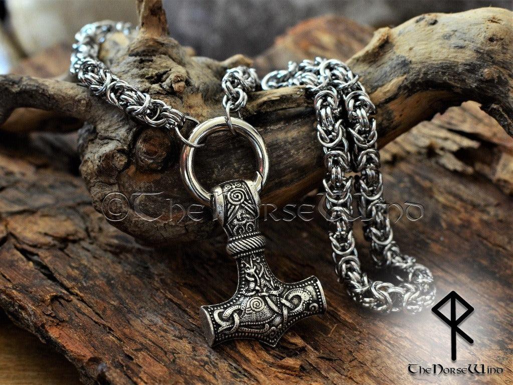 Thor's Hammer Necklace, Viking Mjolnir Pendant with Solid Byzantine Chain - TheNorseWind