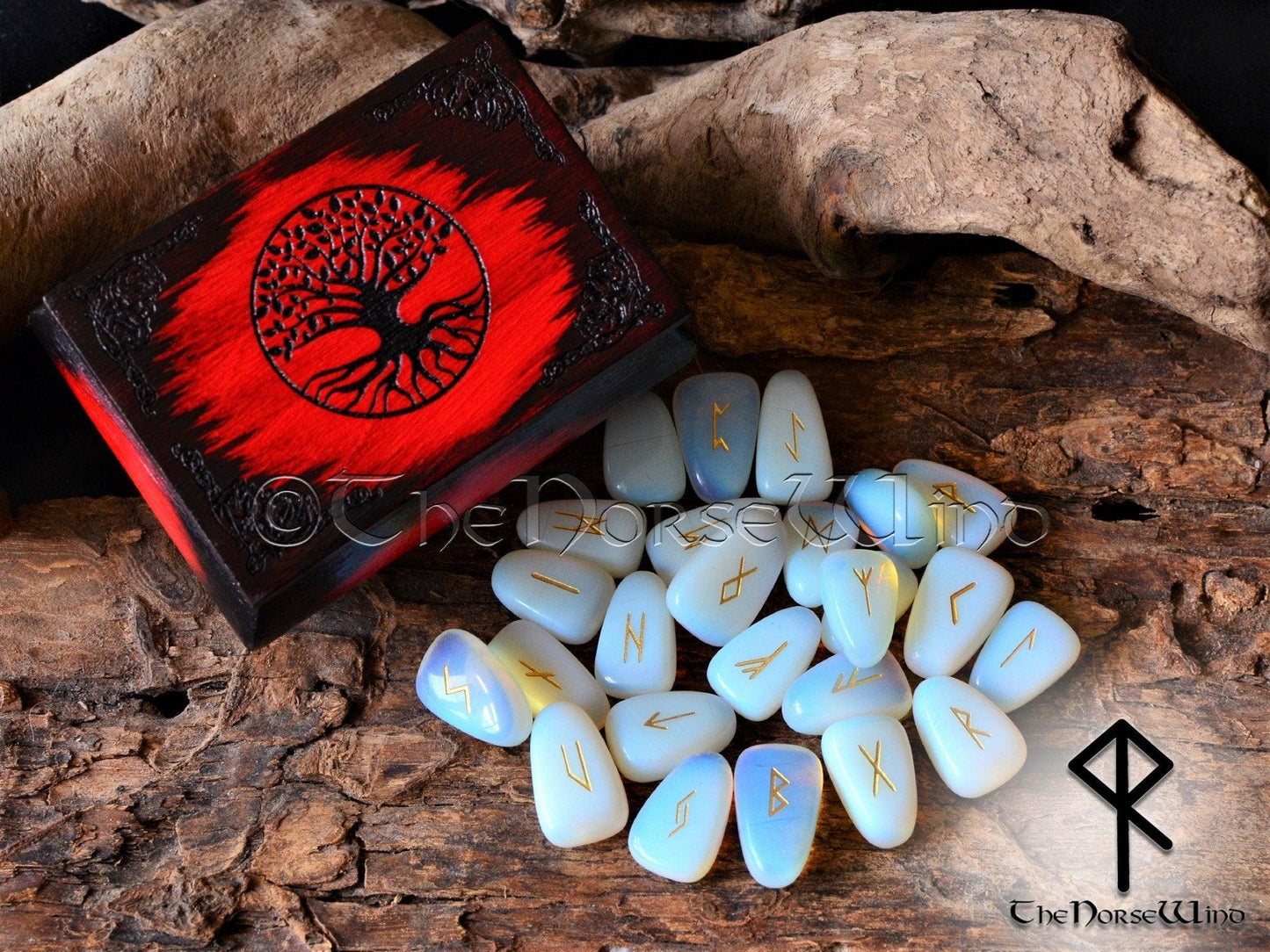 Yggdrasil Rune Stones Set in Red Wooden Box - Obsidian/Opalite/Hematite, Witchcraft Kit, Witch Altar Kit, Magickal Runes Box Viking Decor - TheNorseWind
