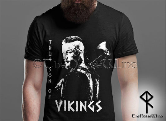 Viking T-Shirt, True Son of Vikings Ragnar Lothbrok Axe Tee, Black Biker Viking Ragnar Tshirt / All Sizes S - 5XL, Norse Mythology - TheNorseWind