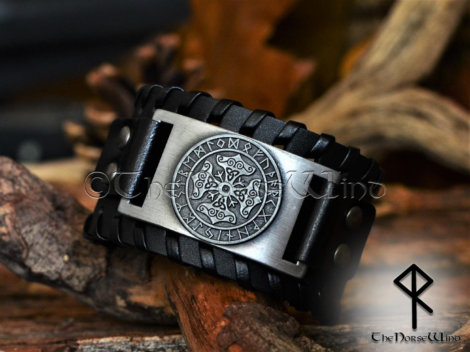 Mjolnir Thor's Hummer Black Leather Viking Bracelet Fathers Day Dad Gift for Men - Mens Leather Cuff Wristband - Genuine Leather Viking Punk LV Axe