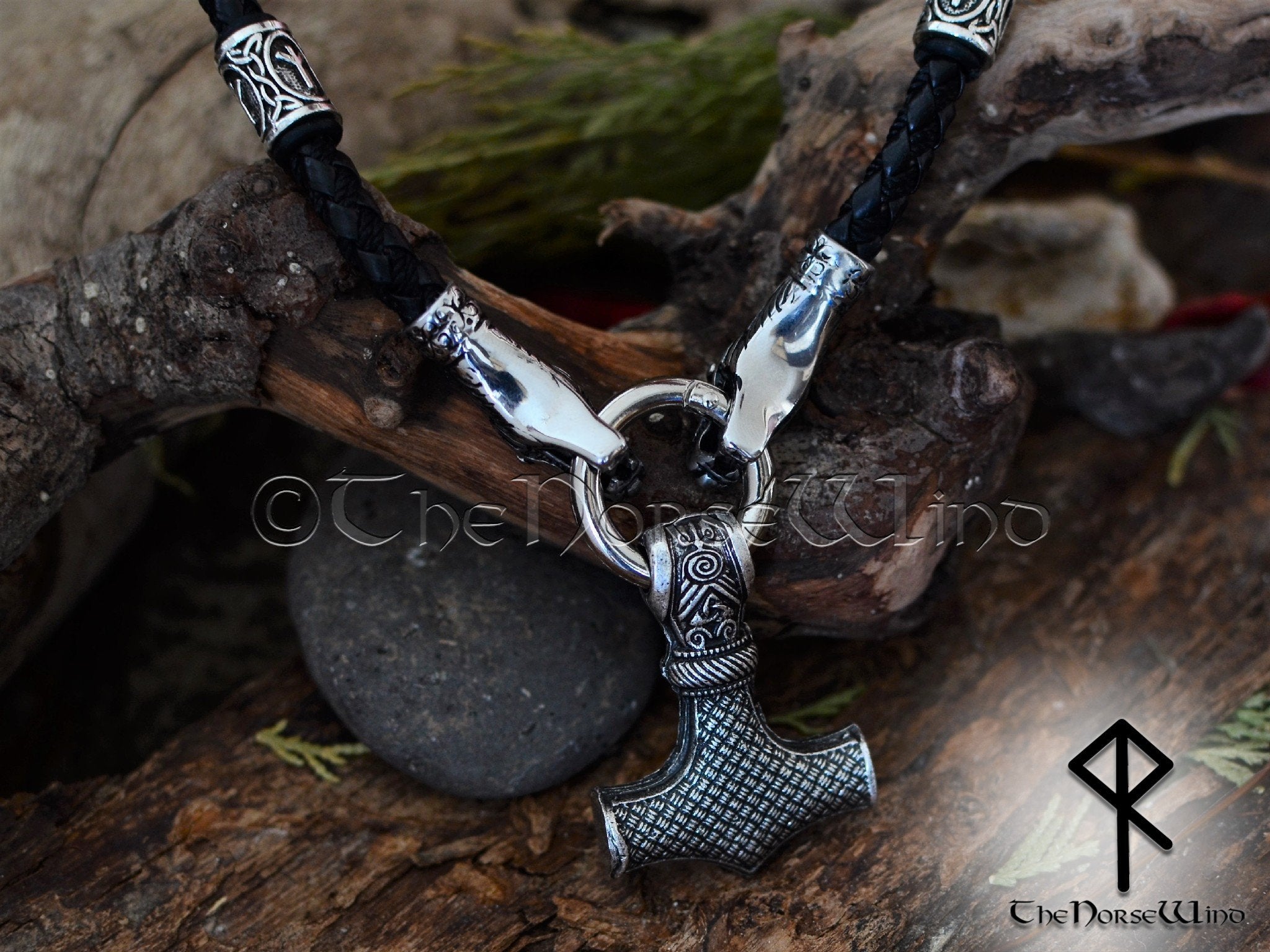 Thor's Hammer Mjolnir Necklace, Solid Viking Rune Dragon